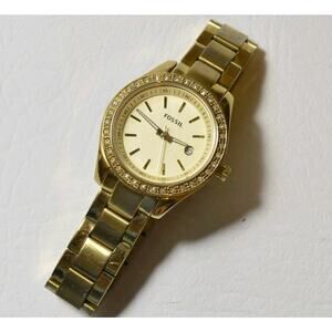 Fossil ES3107 Womens Gold Tone Stainless Steel Quartz Date Watch Crystal Bezel